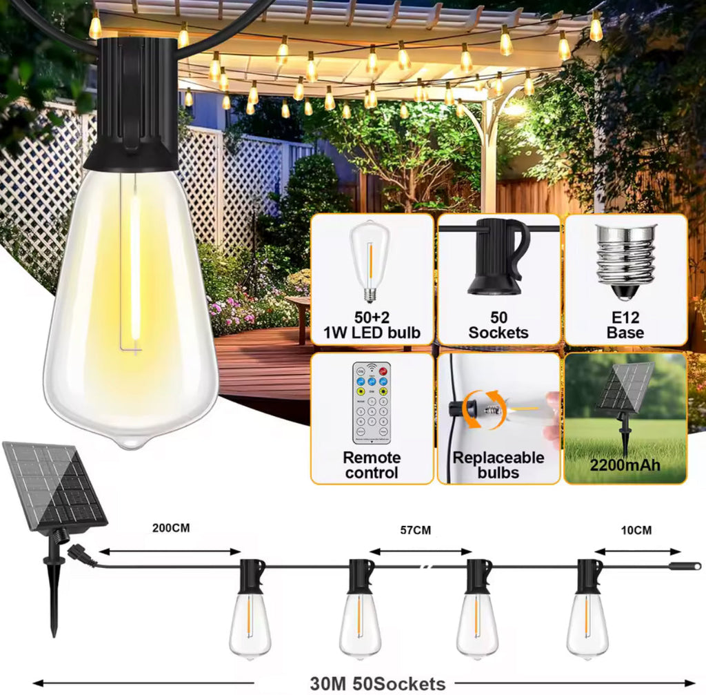 Wetterfeste Outdoor Solar LED Lichterkette mit länglichen Glühbirnen