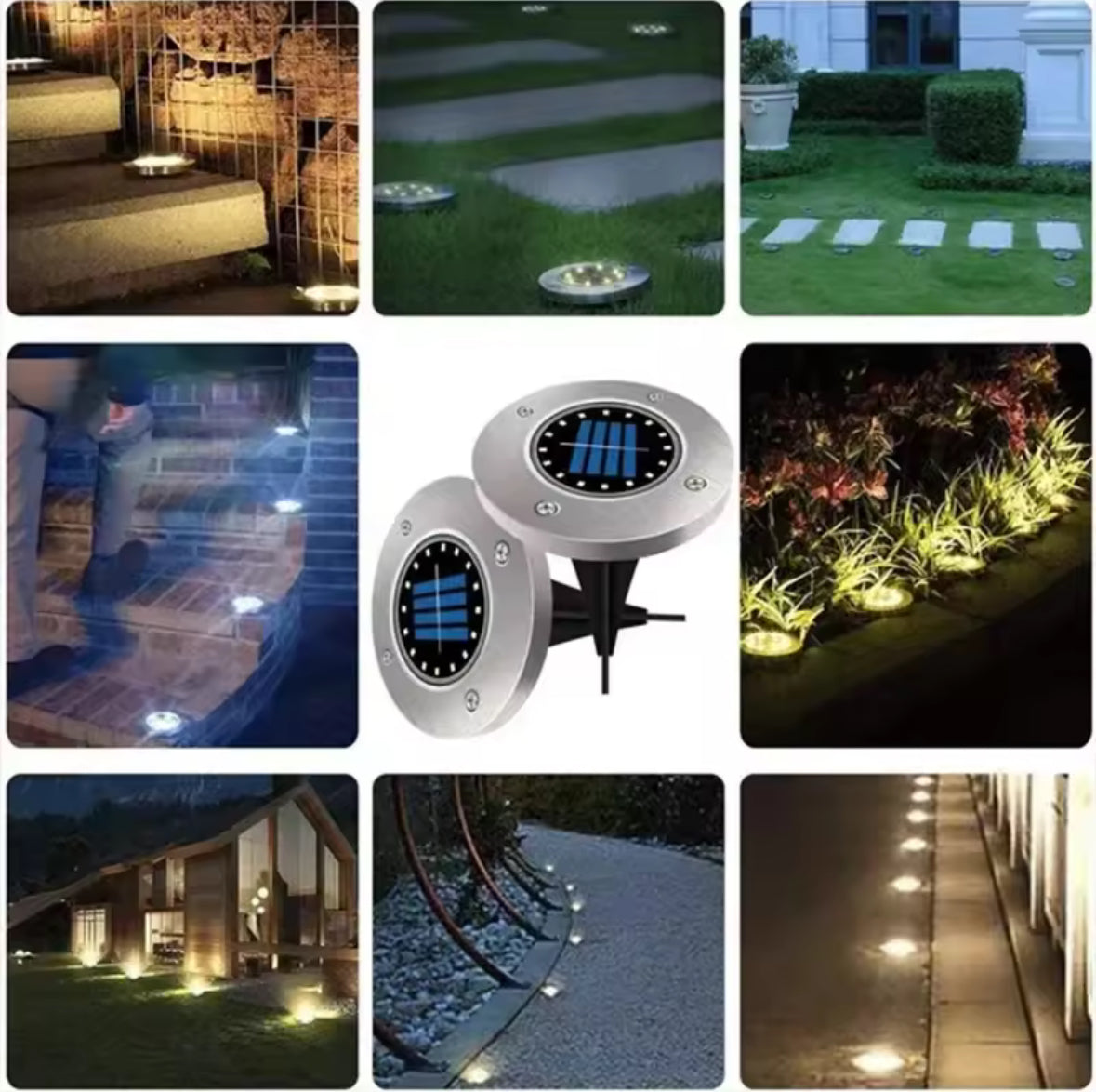 Solar Bodenleuchten für den Garten | Flache LED-Scheiben mit Erdspiess & Dämmerungssensor, IP65 | Wegbeleuchtung für Rasen, Einfahrt & Terrasse im Set