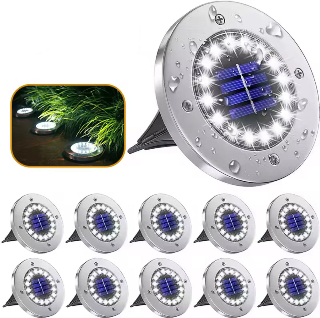 Solar Bodenleuchten für den Garten | Flache LED-Scheiben mit Erdspiess & Dämmerungssensor, IP65 | Wegbeleuchtung für Rasen, Einfahrt & Terrasse im Set