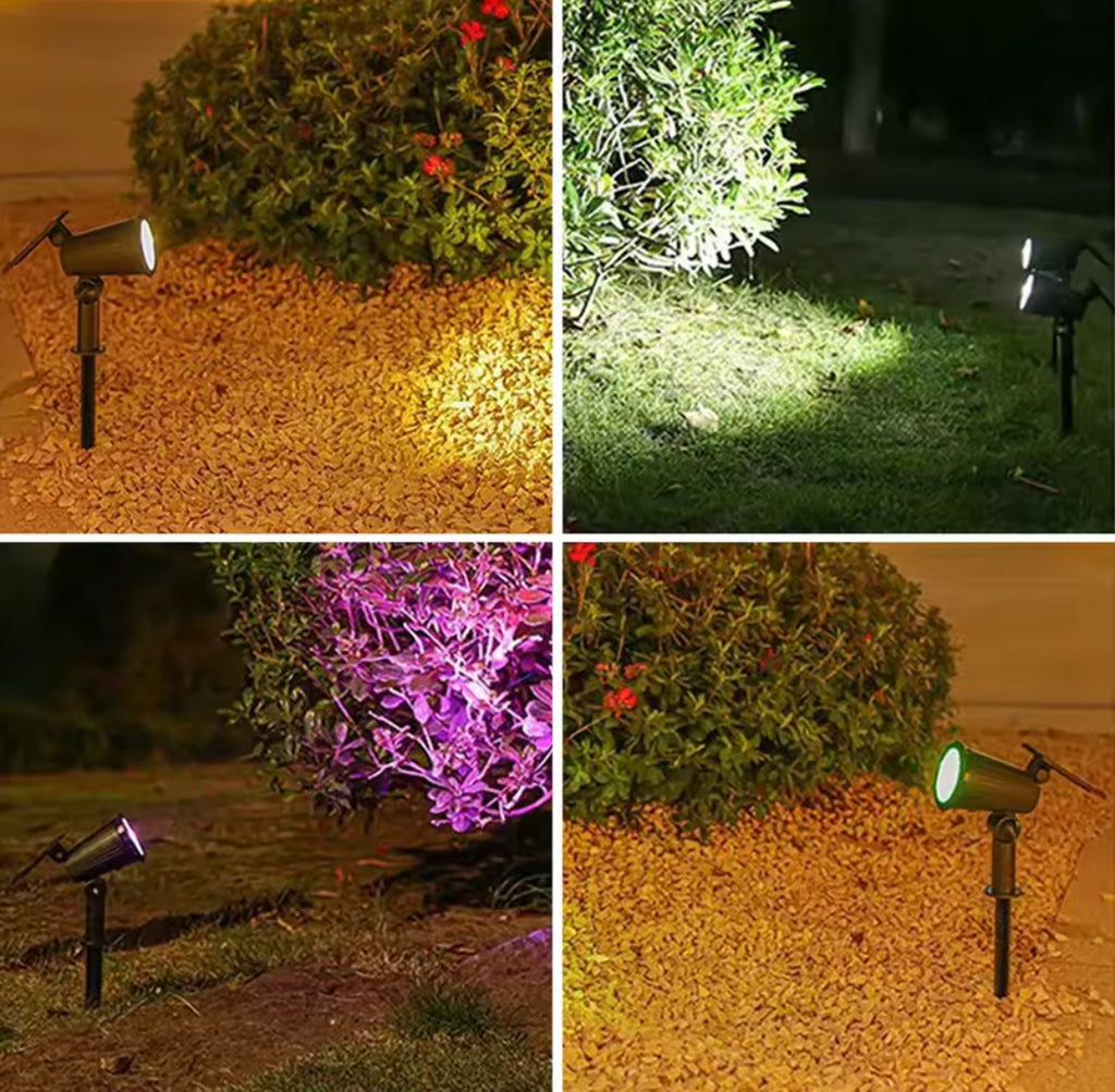 Solar Gartenstrahler mit Erdspiess | 9 LED, warm, weiss & 7-Farben-Wechsel, 3 Stufen dimmbar, IP65 | Für Baum, Fassade, Beet & Einfahrt im Set
