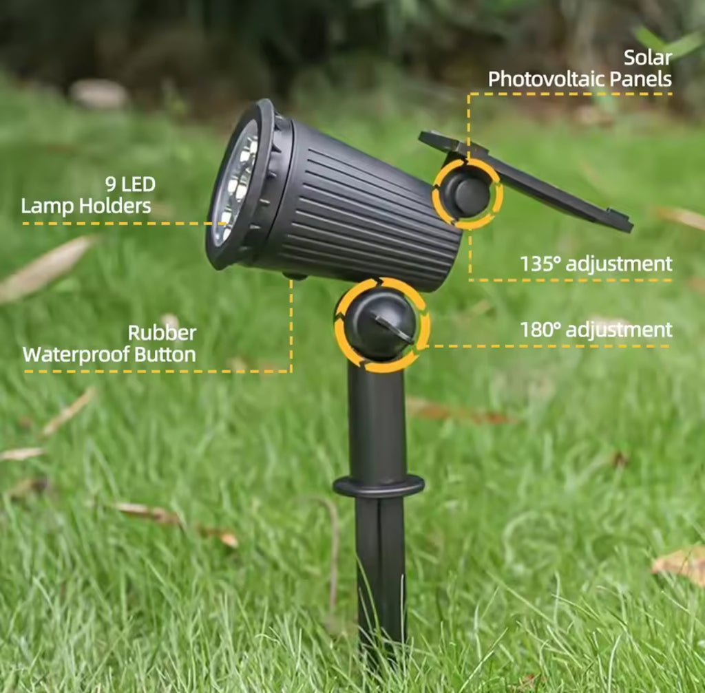 Solar Gartenstrahler mit Erdspiess | 9 LED, warm, weiss & 7-Farben-Wechsel, 3 Stufen dimmbar, IP65 | Für Baum, Fassade, Beet & Einfahrt im Set