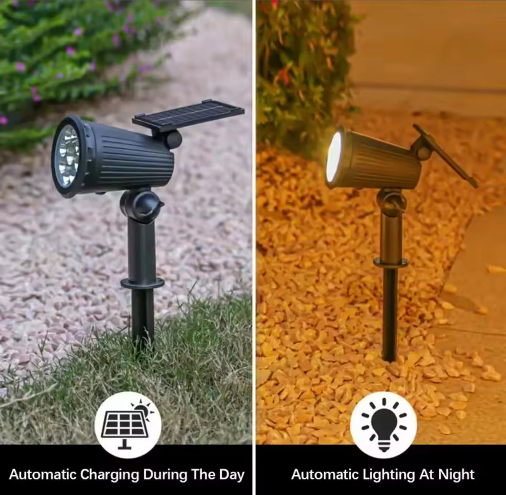 Solar Gartenstrahler mit Erdspiess | 9 LED, warm, weiss & 7-Farben-Wechsel, 3 Stufen dimmbar, IP65 | Für Baum, Fassade, Beet & Einfahrt im Set