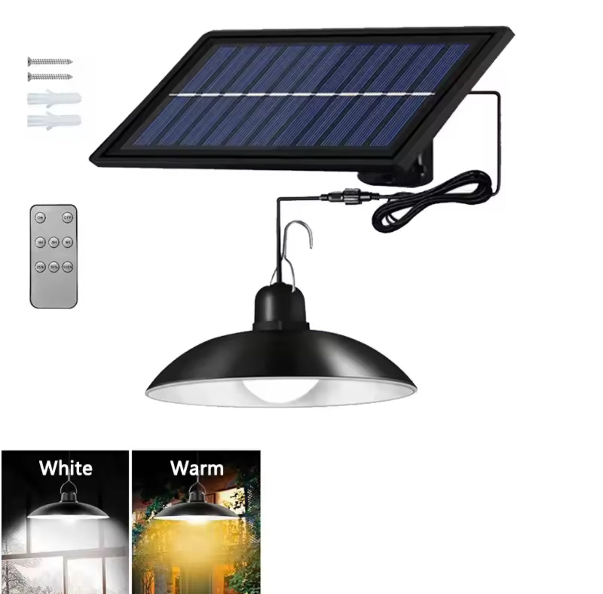 Solar Hängelampe mit Fernbedienung | LED-Pendelleuchte mit externem Solarpanel, dimmbar, IP65 | Licht für Gartenhaus, Pergola, Schopf & Gewächshaus