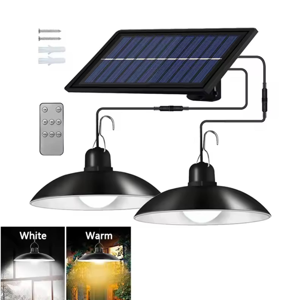 Solar Hängelampe mit Fernbedienung | LED-Pendelleuchte mit externem Solarpanel, dimmbar, IP65 | Licht für Gartenhaus, Pergola, Schopf & Gewächshaus