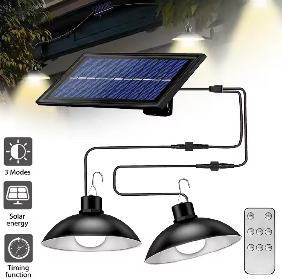 Solar Hängelampe mit Fernbedienung | LED-Pendelleuchte mit externem Solarpanel, dimmbar, IP65 | Licht für Gartenhaus, Pergola, Schopf & Gewächshaus