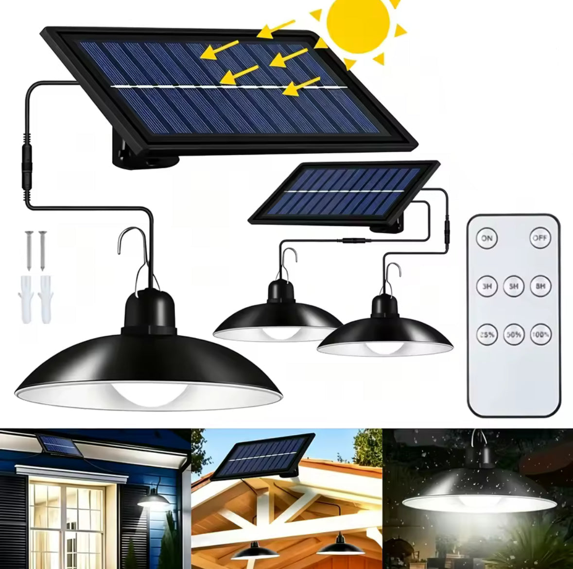 Solar Hängelampe mit Fernbedienung | LED-Pendelleuchte mit externem Solarpanel, dimmbar, IP65 | Licht für Gartenhaus, Pergola, Schopf & Gewächshaus