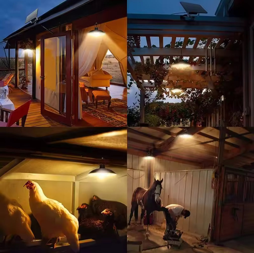 Solar Hängelampe mit Fernbedienung | LED-Pendelleuchte mit externem Solarpanel, dimmbar, IP65 | Licht für Gartenhaus, Pergola, Schopf & Gewächshaus