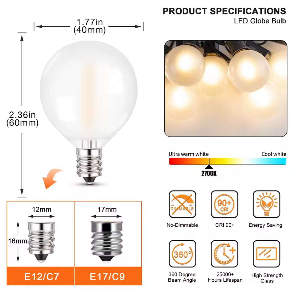 LED Lichterkette mit Milchglas-Birnen | G40 Bistro-Girlande, warmweiss 2700K, IP44, koppelbar | Für Garten, Pergola, Balkon & Terrasse