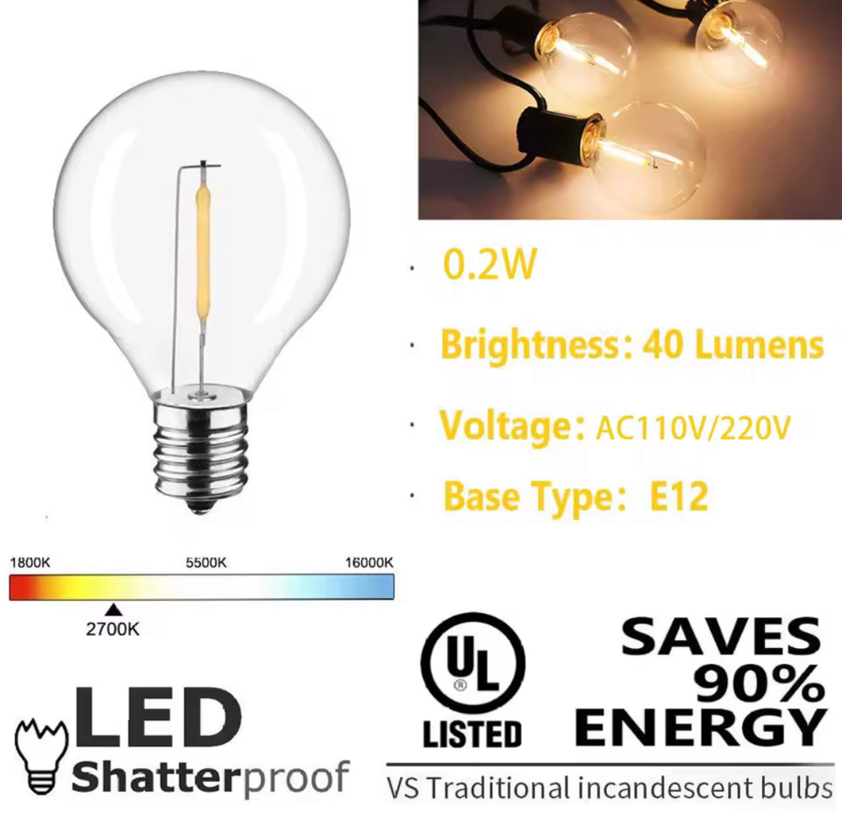 Outdoor Glühbirnen Lichterkette mit Bruchsicheren LED-Birnen