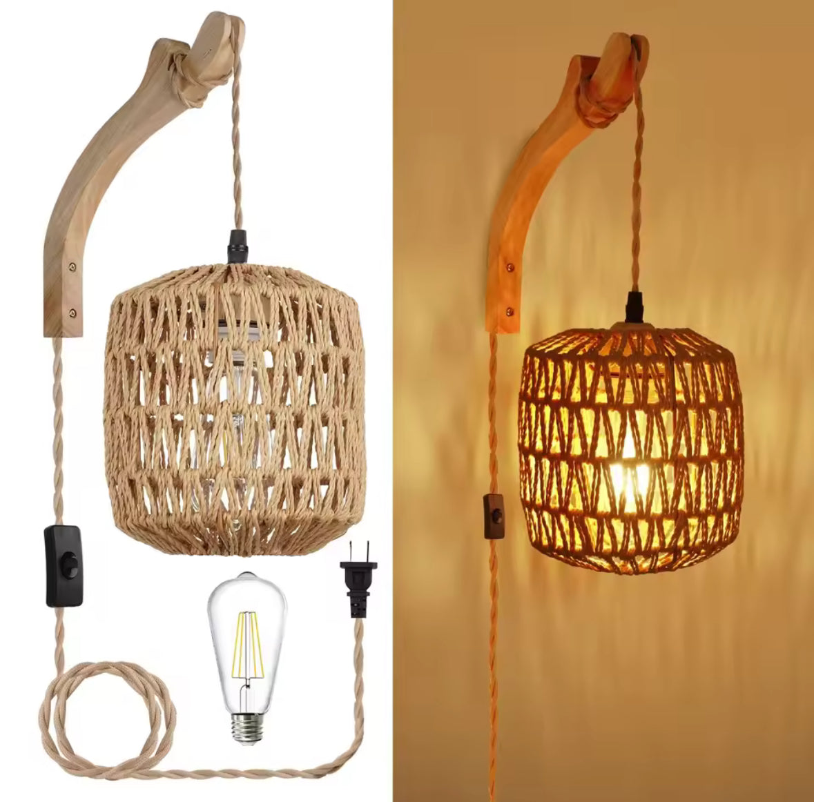 Bambus Wandleuchte mit Stecker | Handgeflochtene Rattan-Optik mit Kabelschalter & E27 | Steckerfertig für Schlafzimmer, Boho & Naturholz-Deko