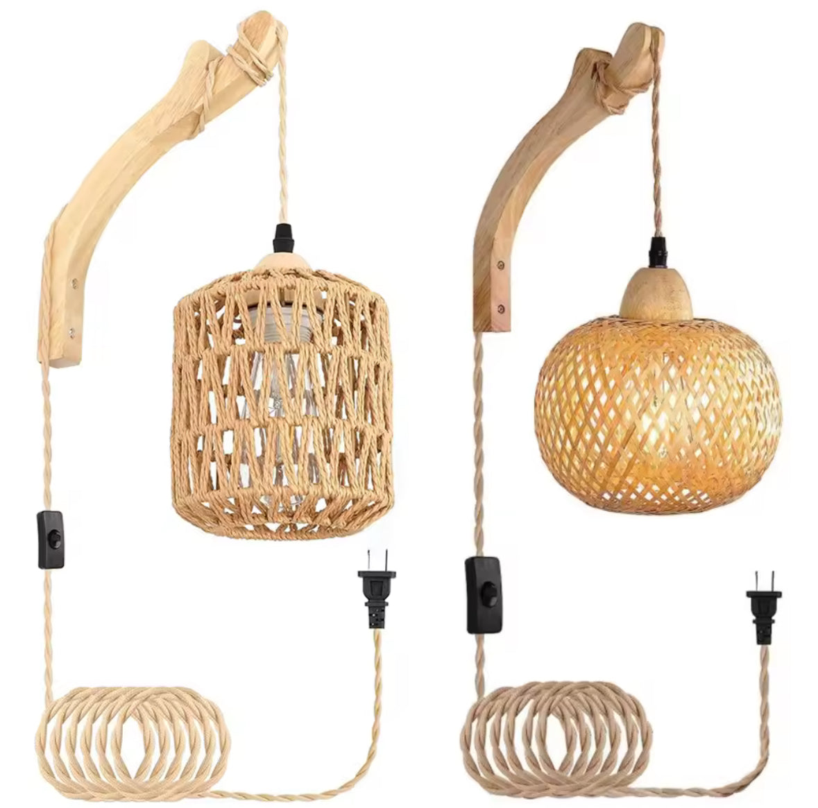 Bambus Wandleuchte mit Stecker | Handgeflochtene Rattan-Optik mit Kabelschalter & E27 | Steckerfertig für Schlafzimmer, Boho & Naturholz-Deko
