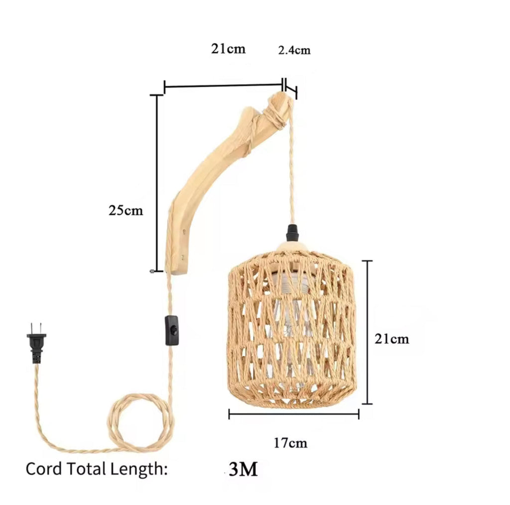 Bambus Wandleuchte mit Stecker | Handgeflochtene Rattan-Optik mit Kabelschalter & E27 | Steckerfertig für Schlafzimmer, Boho & Naturholz-Deko