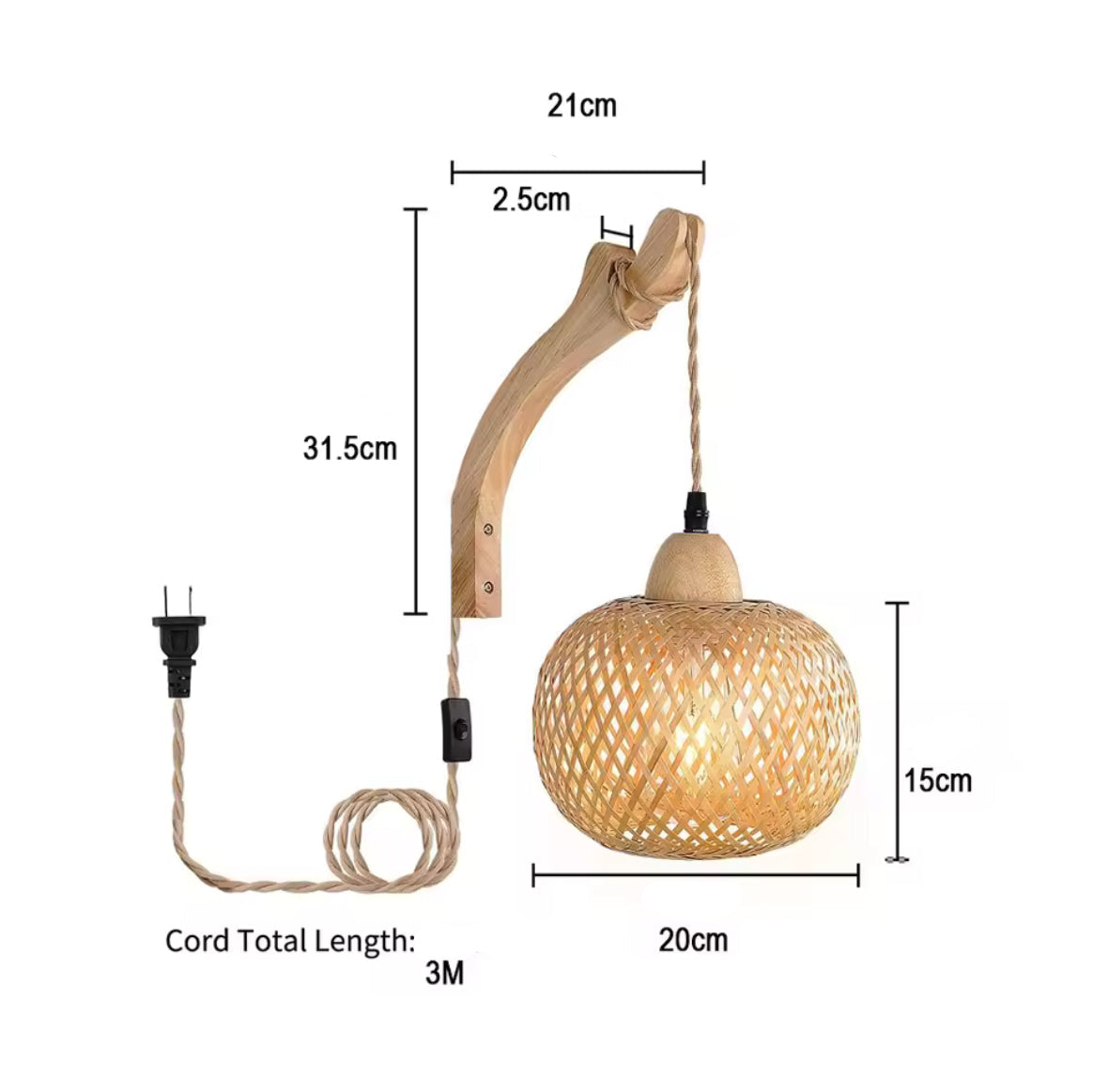 Bambus Wandleuchte mit Stecker | Handgeflochtene Rattan-Optik mit Kabelschalter & E27 | Steckerfertig für Schlafzimmer, Boho & Naturholz-Deko