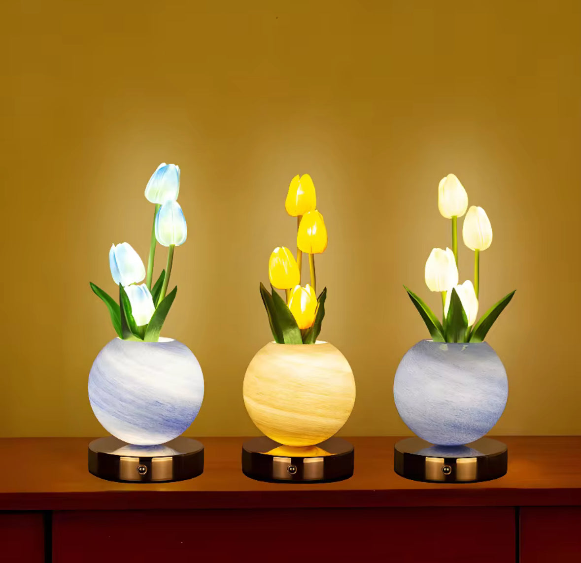LED Tulpen-Strauss Tischlampe | Kabelloses Blumenlicht mit Touch-Dimmer, 3 Lichtfarben & USB-Akku | Deko & Nachtlicht für Nachttisch, Schreibtisch & Fensterbank