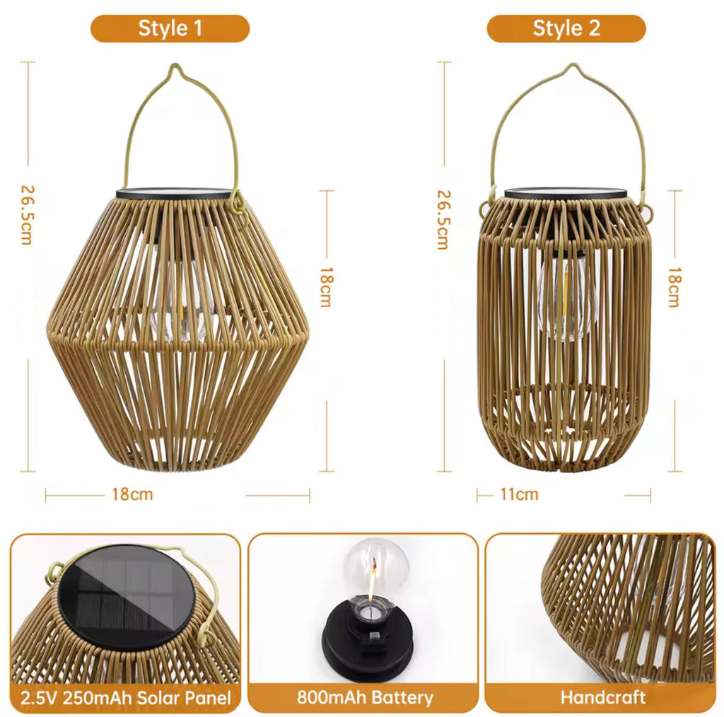 Solar Laterne im Rattan Design | Wetterfeste Garten-Laterne IP65 mit Dämmerungssensor | Zum Aufhängen & Hinstellen für Balkon & Terrasse