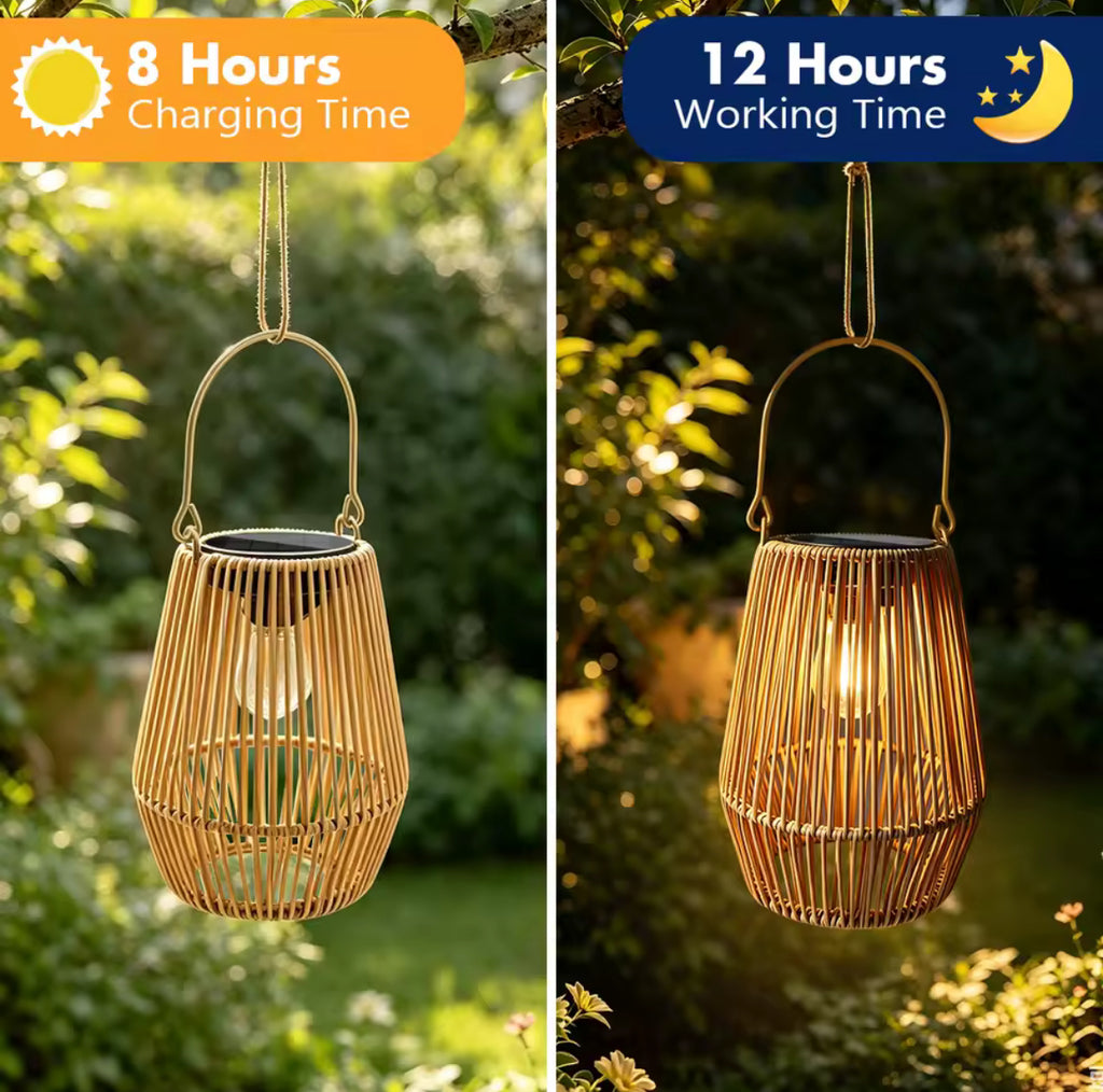 Solar Laterne im Rattan Design | Wetterfeste Garten-Laterne IP65 mit Dämmerungssensor | Zum Aufhängen & Hinstellen für Balkon & Terrasse