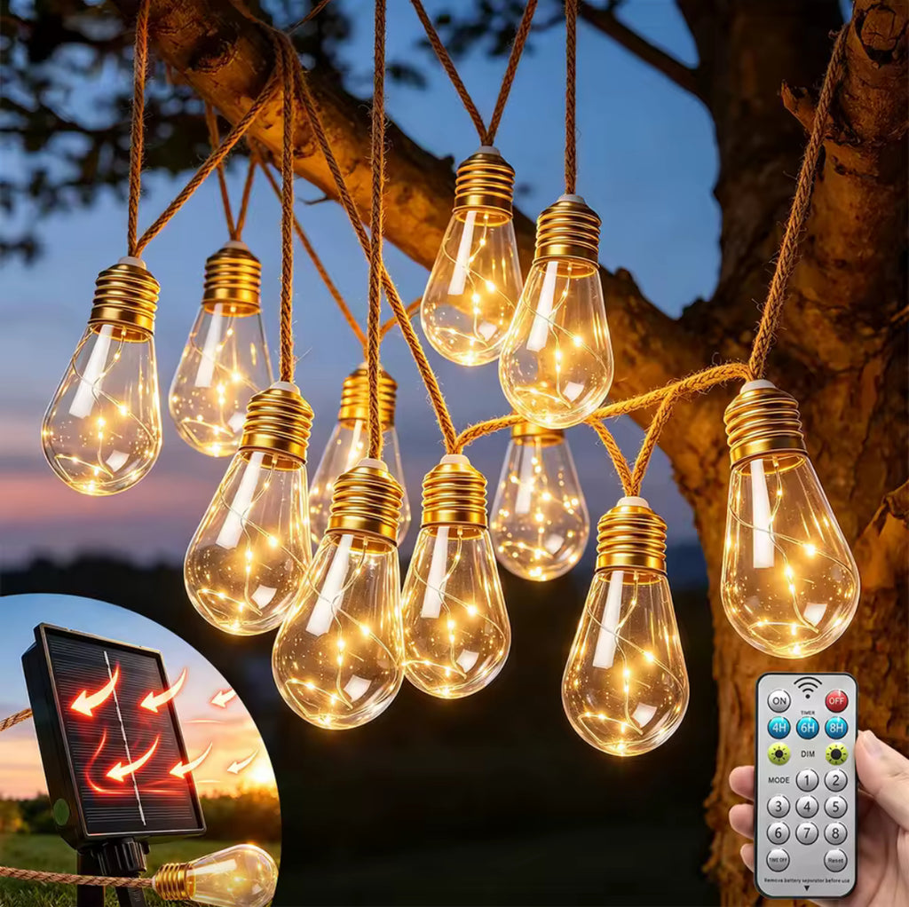 Solar Seil-Lichterkette mit Edison-Birnen | 8 Modi mit Fernbedienung, IP44 | Vintage Bistro-Licht für Pergola, Balkon & Garten
