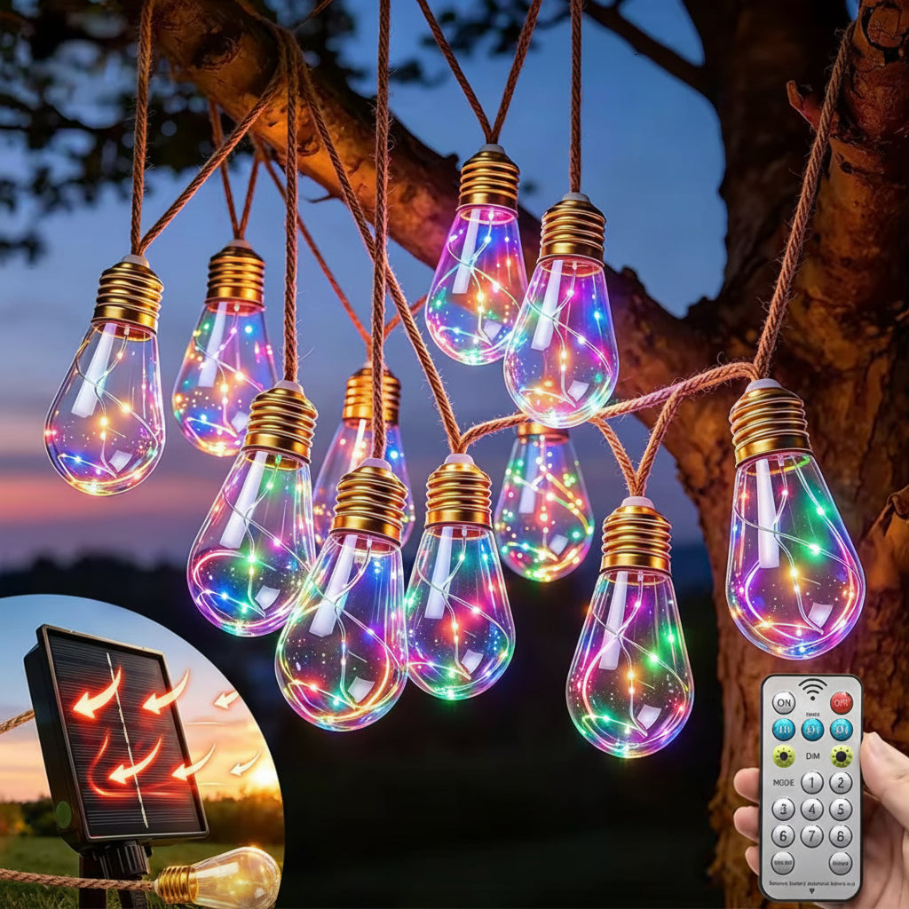 Solar Seil-Lichterkette mit Edison-Birnen | 8 Modi mit Fernbedienung, IP44 | Vintage Bistro-Licht für Pergola, Balkon & Garten