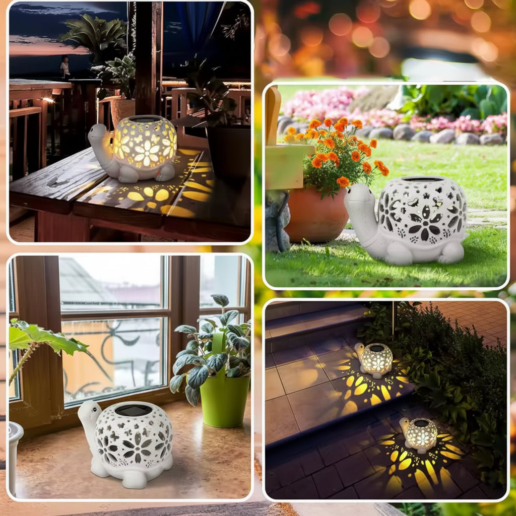 Solar Schildkröten-Laterne für den Garten | Deko-Figur mit Lichtprojektion & Dämmerungssensor | Wetterfest für Terrasse, Beet, Rasen & Balkon