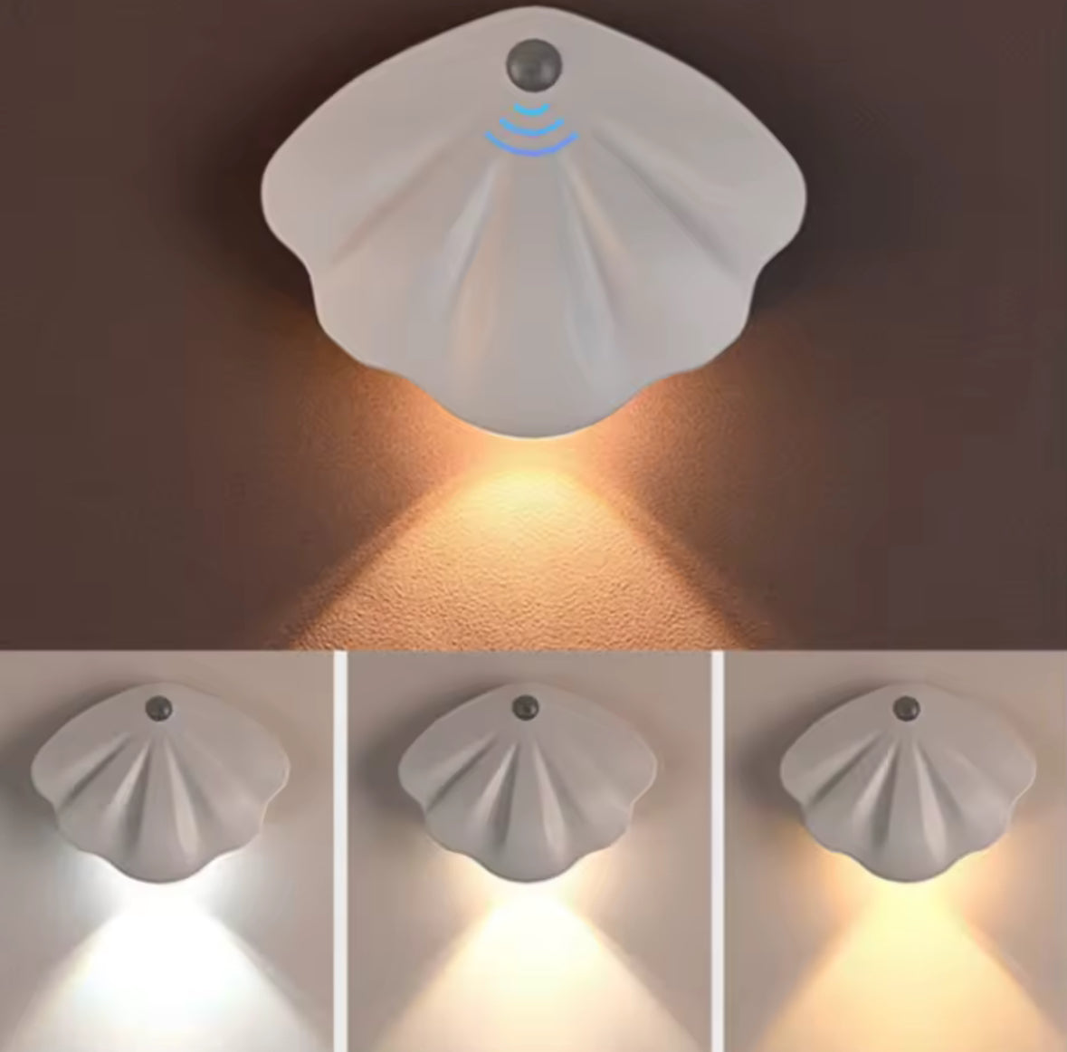 LED Muschel-Nachtlicht mit Bewegungsmelder | Kabellos mit USB-C Akku & Magnet-Montage, 3 Lichtfarben | Deko-Sensorlicht für Flur, Treppe & Schlafzimmer