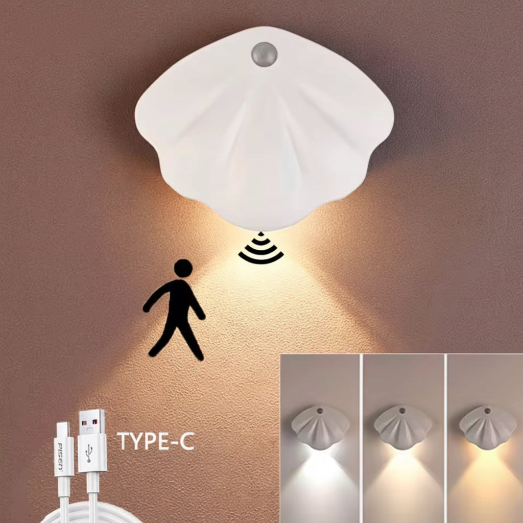 LED Muschel-Nachtlicht mit Bewegungsmelder | Kabellos mit USB-C Akku & Magnet-Montage, 3 Lichtfarben | Deko-Sensorlicht für Flur, Treppe & Schlafzimmer