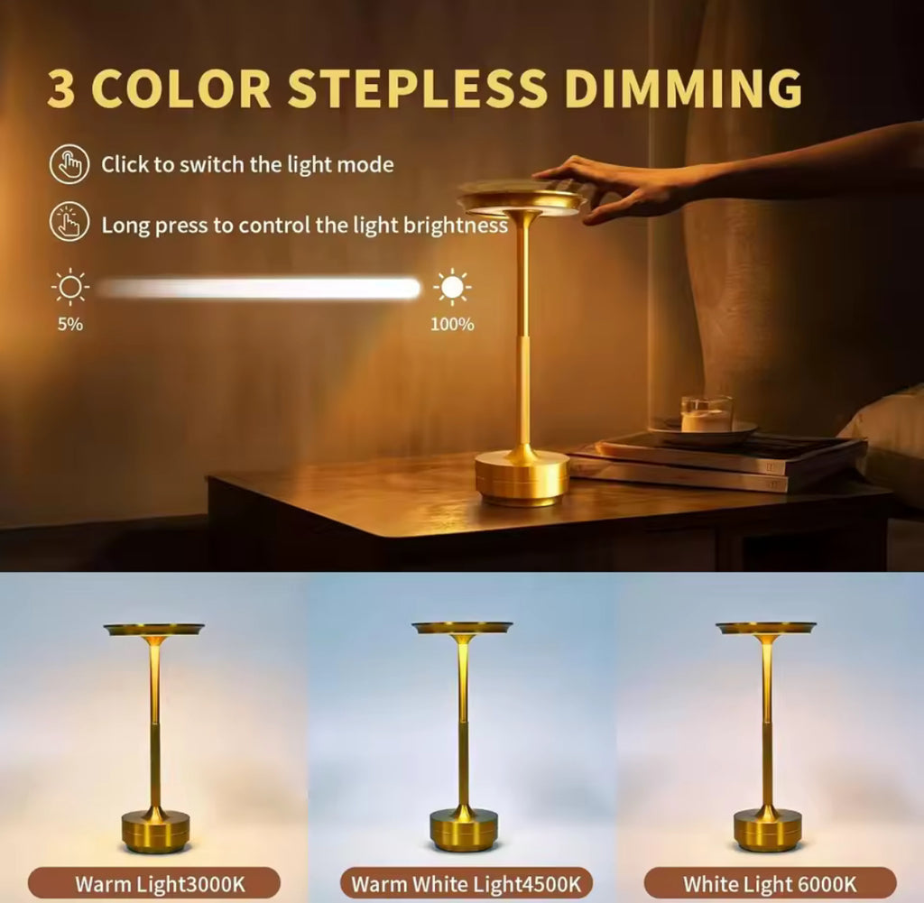 Luxuriöse LED Tischlampe mit Akku | Kabellos in Gold & Schwarz, Touch-Dimmer & USB-C | Elegantes Stimmungslicht für Nachttisch, Bar & Esszimmer