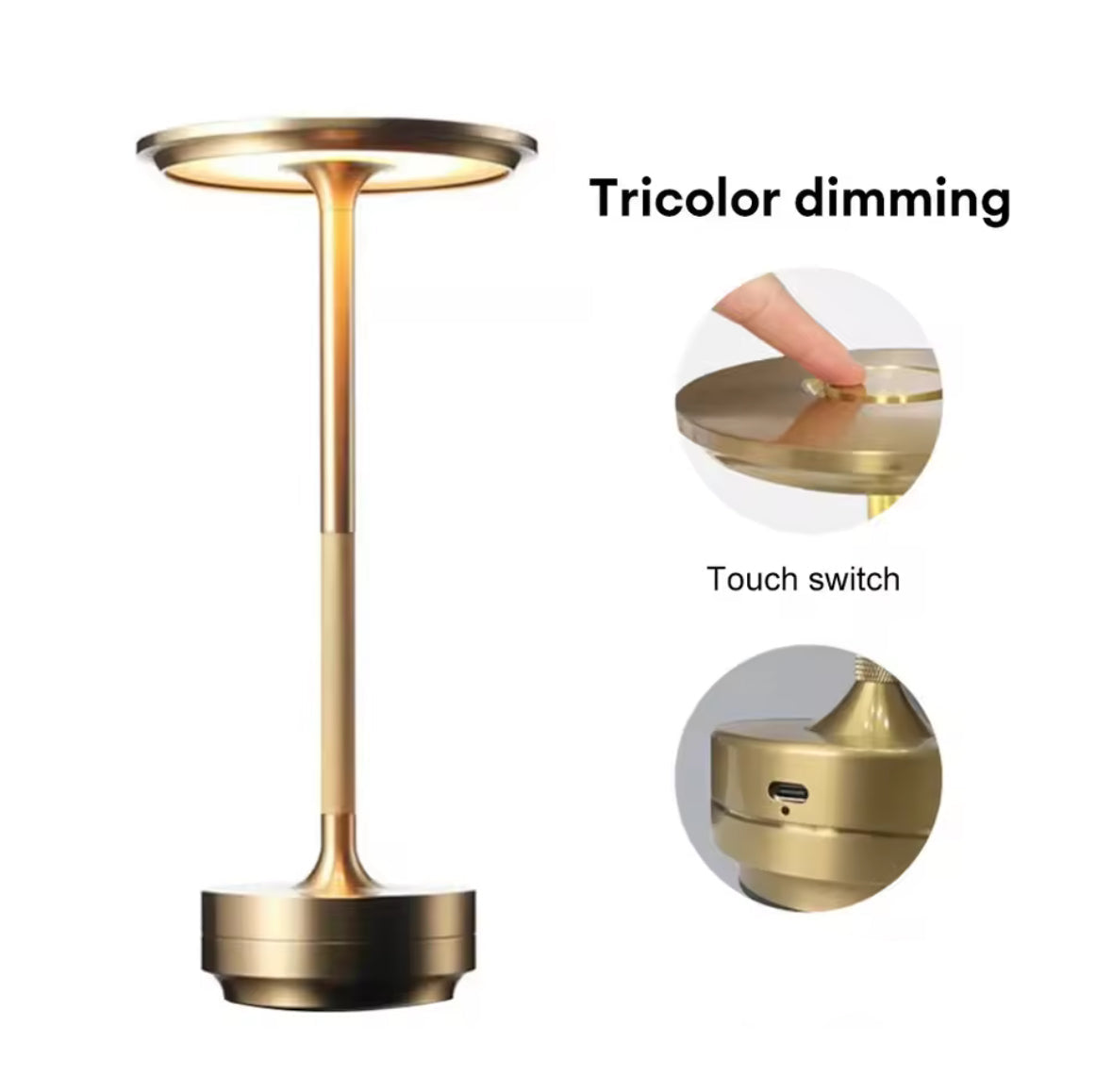 Luxuriöse LED Tischlampe mit Akku | Kabellos in Gold & Schwarz, Touch-Dimmer & USB-C | Elegantes Stimmungslicht für Nachttisch, Bar & Esszimmer