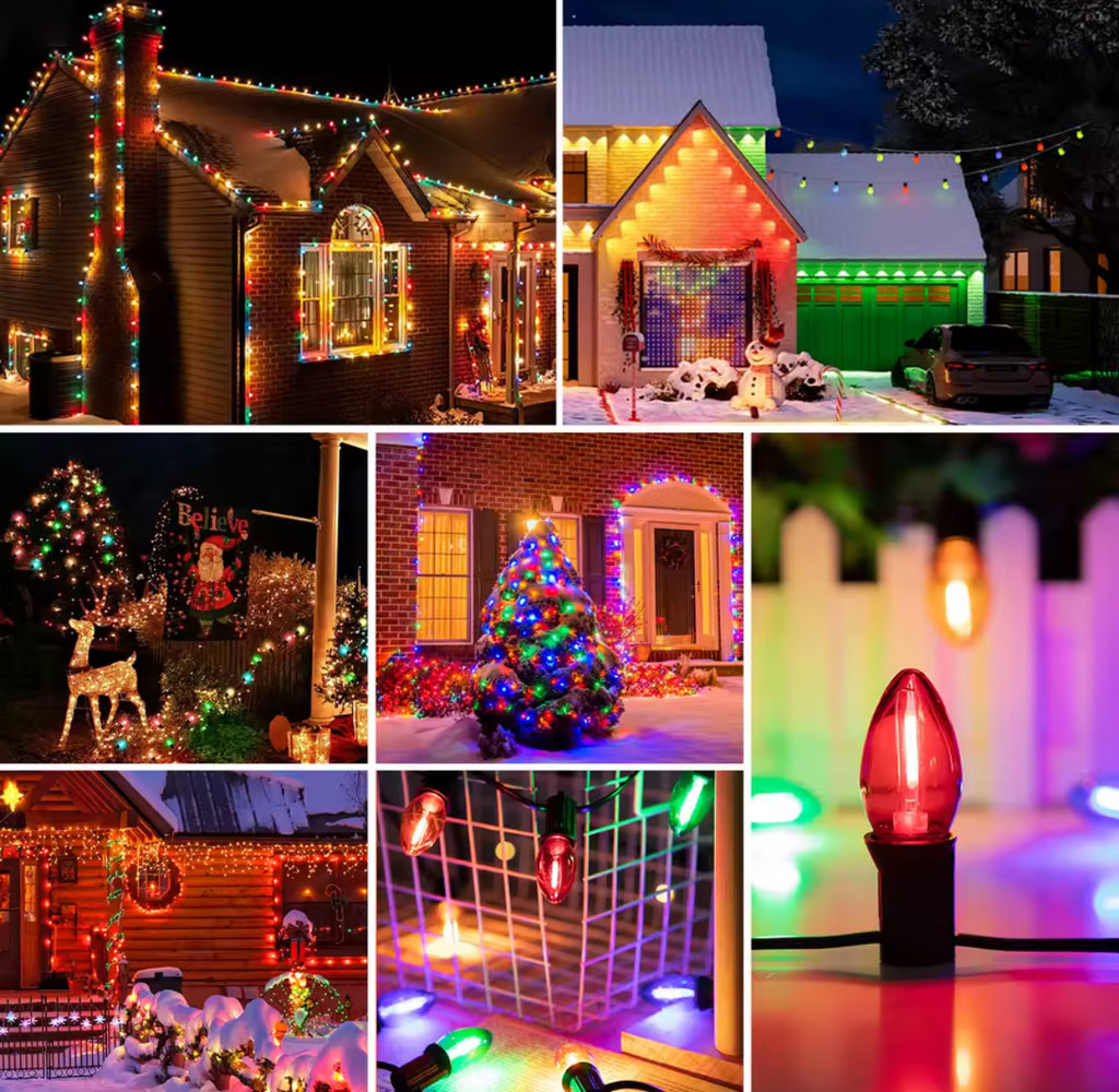 Bunte LED Lichterkette mit C7-Birnen | Bruchsichere Party-Girlande 7,6–20 m für aussen, E12 austauschbar | Gartenfest, Balkon & Weihnachtsbeleuchtung