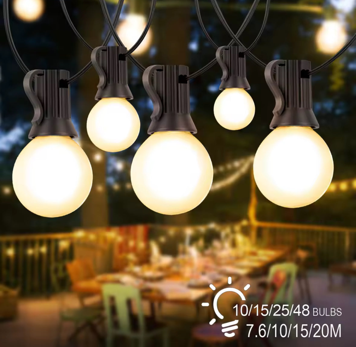 LED Lichterkette mit Milchglas-Birnen | G40 Bistro-Girlande, warmweiss 2700K, IP44, koppelbar | Für Garten, Pergola, Balkon & Terrasse