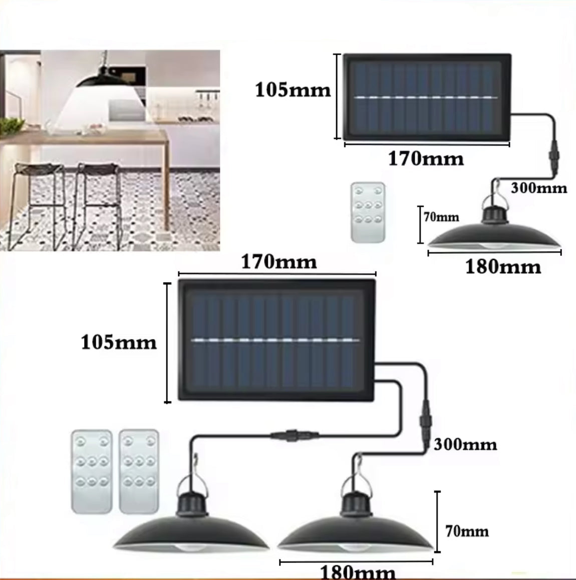Solar Hängelampe mit Fernbedienung | LED-Pendelleuchte mit externem Solarpanel, dimmbar, IP65 | Licht für Gartenhaus, Pergola, Schopf & Gewächshaus