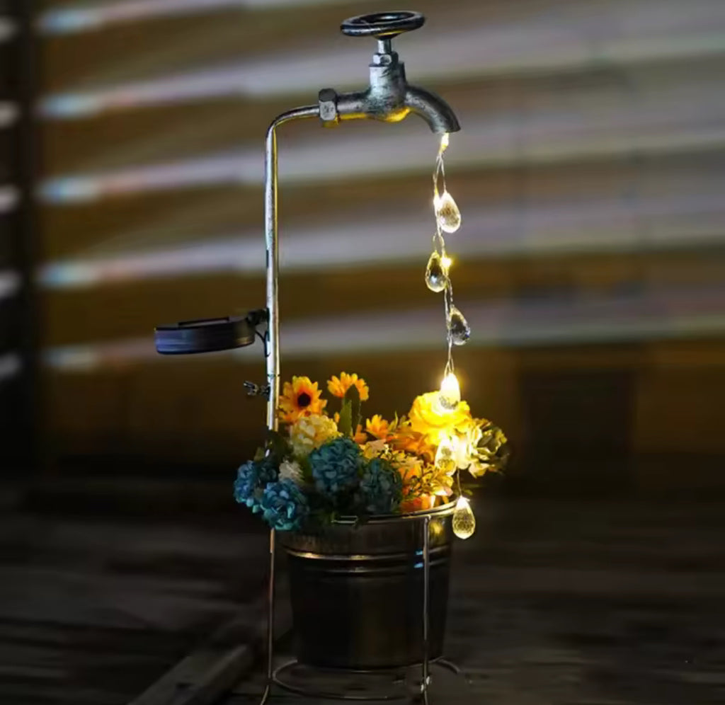 Solar Wasserhahn-Gartenlicht mit Topf | Schwebender Wasserhahn mit leuchtendem LED-Strahl & Blumentopf | Solar-Gartendeko mit Dämmerungssensor für Beet & Terrasse