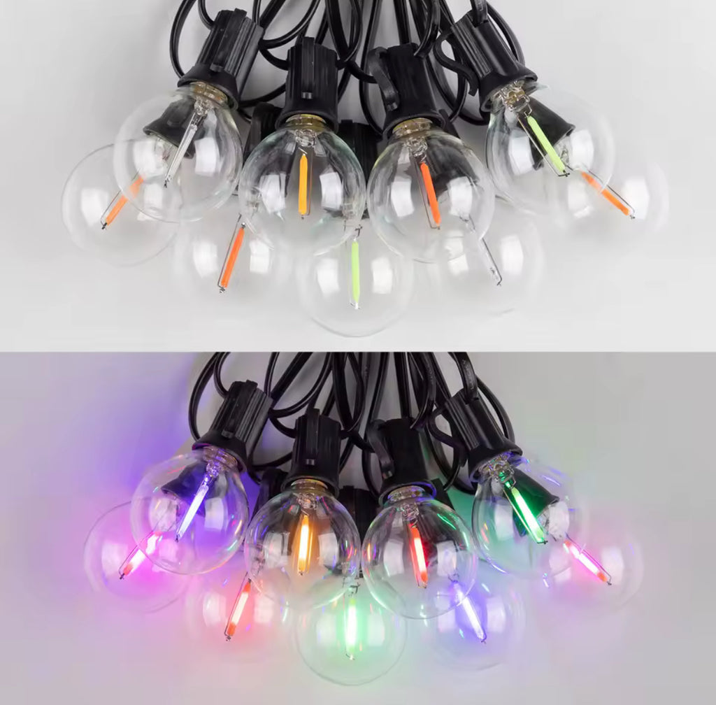 Bunte LED Lichterkette mit G40-Birnen | Runde Party-Girlande 7,6–20 m für aussen, IP44, koppelbar, E12 | Biergarten-Look für Gartenfest, Hof & Balkon