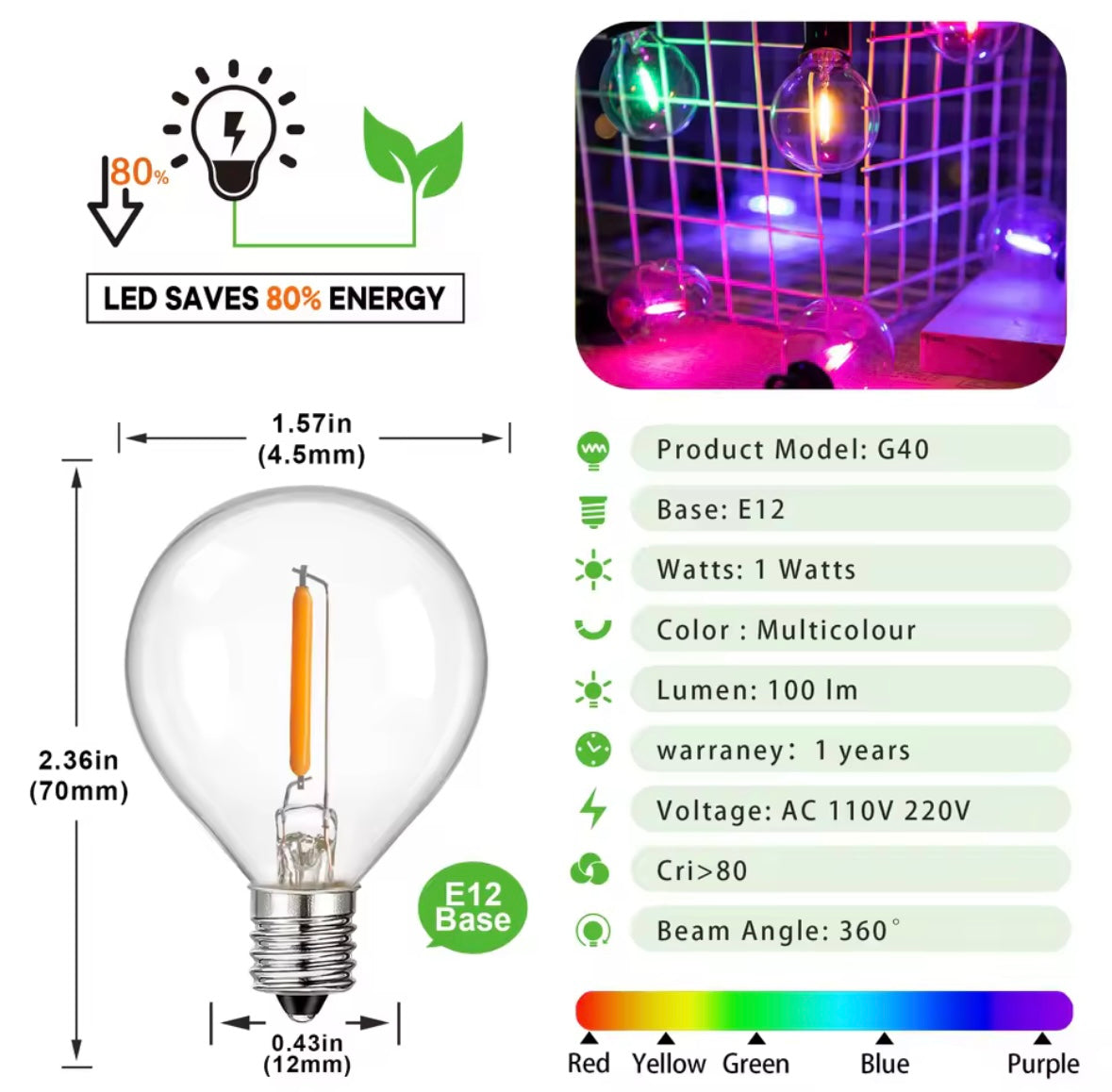 Bunte LED Lichterkette mit G40-Birnen | Runde Party-Girlande 7,6–20 m für aussen, IP44, koppelbar, E12 | Biergarten-Look für Gartenfest, Hof & Balkon