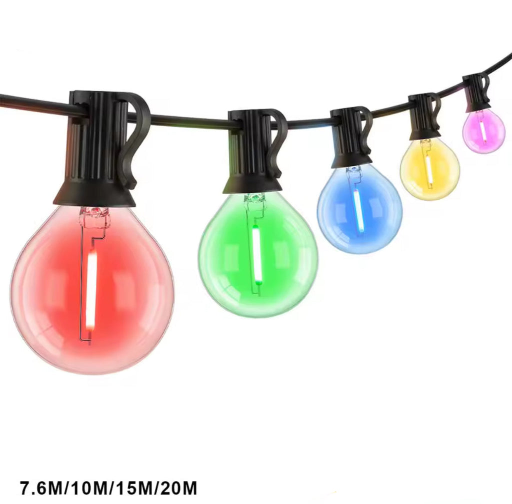 Bunte LED Lichterkette mit G40-Birnen | Runde Party-Girlande 7,6–20 m für aussen, IP44, koppelbar, E12 | Biergarten-Look für Gartenfest, Hof & Balkon