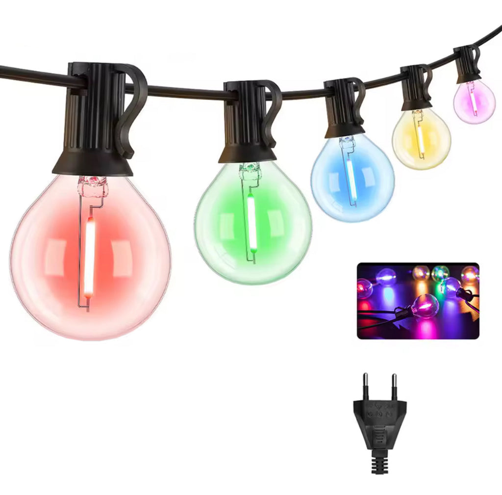Bunte LED Lichterkette mit G40-Birnen | Runde Party-Girlande 7,6–20 m für aussen, IP44, koppelbar, E12 | Biergarten-Look für Gartenfest, Hof & Balkon