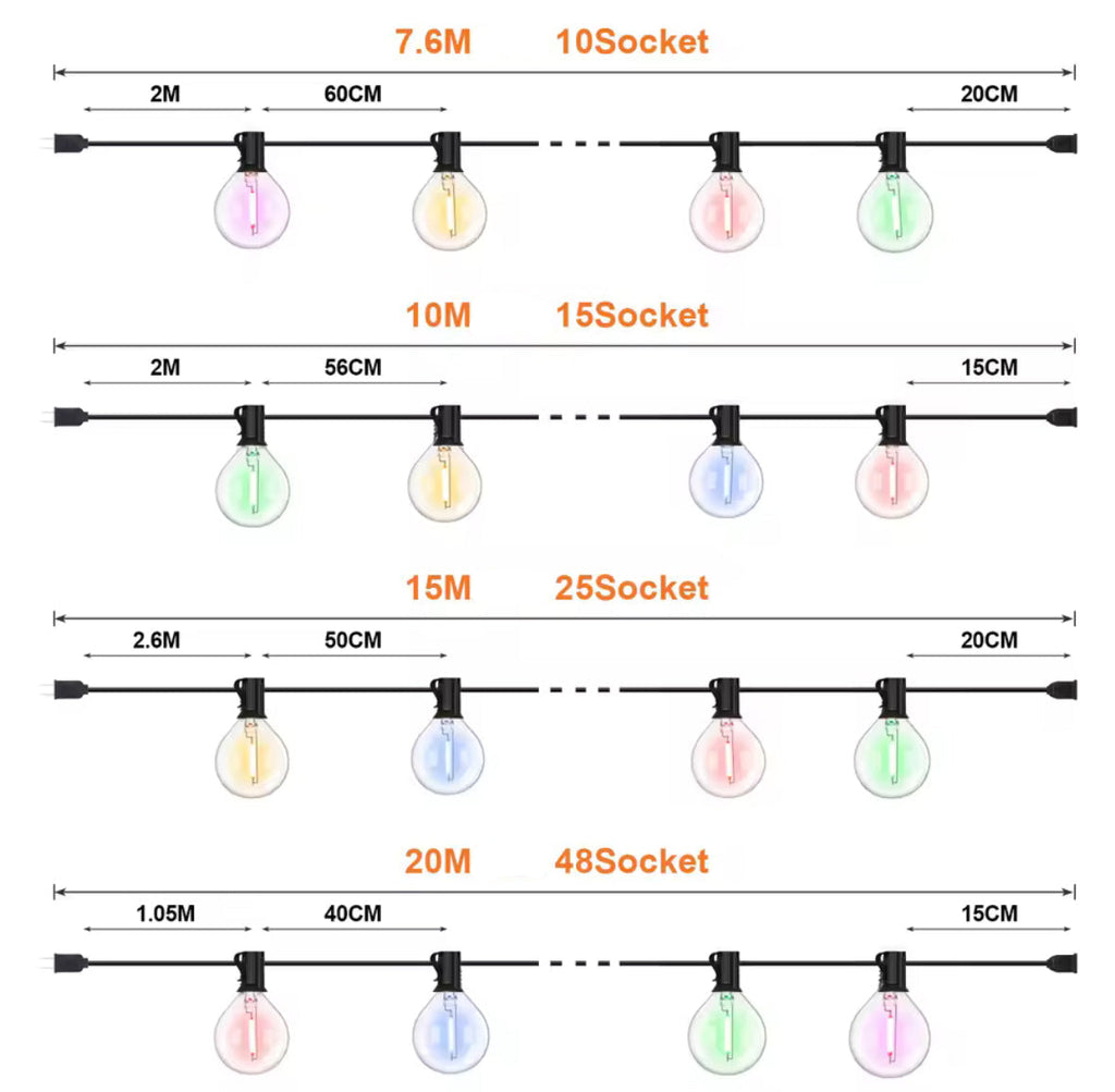 Bunte LED Lichterkette mit G40-Birnen | Runde Party-Girlande 7,6–20 m für aussen, IP44, koppelbar, E12 | Biergarten-Look für Gartenfest, Hof & Balkon
