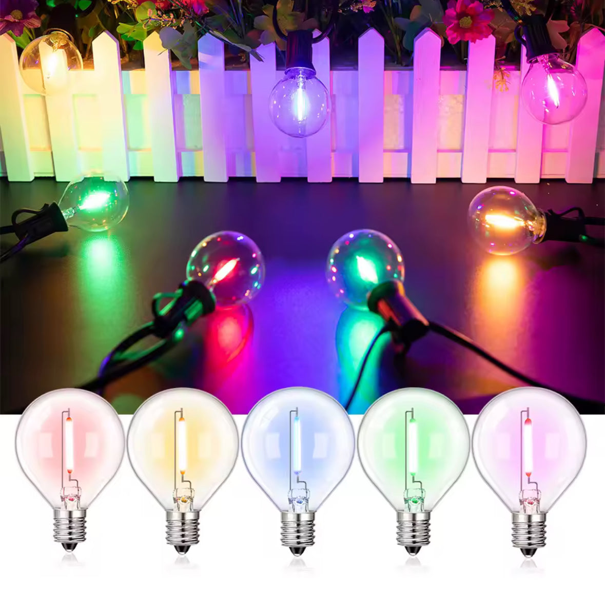 Bunte LED Lichterkette mit G40-Birnen | Runde Party-Girlande 7,6–20 m für aussen, IP44, koppelbar, E12 | Biergarten-Look für Gartenfest, Hof & Balkon