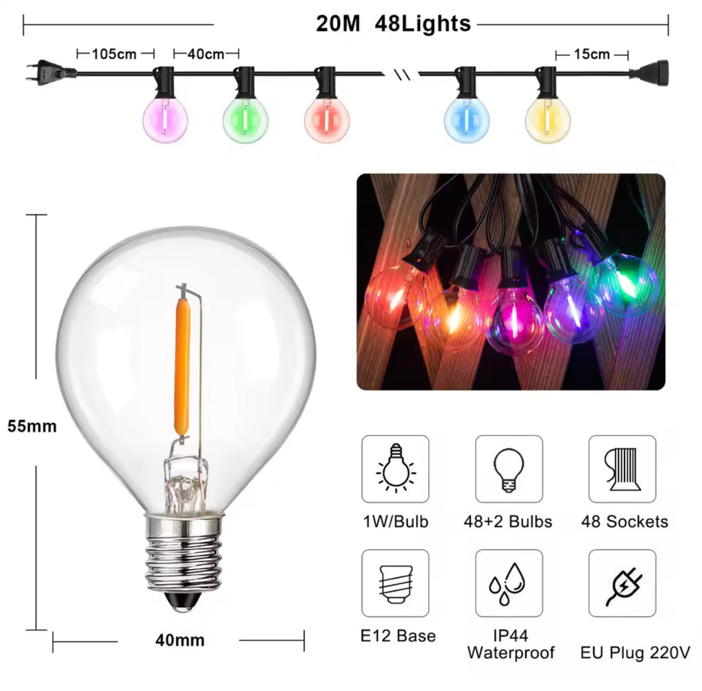 Bunte LED Lichterkette mit G40-Birnen | Runde Party-Girlande 7,6–20 m für aussen, IP44, koppelbar, E12 | Biergarten-Look für Gartenfest, Hof & Balkon