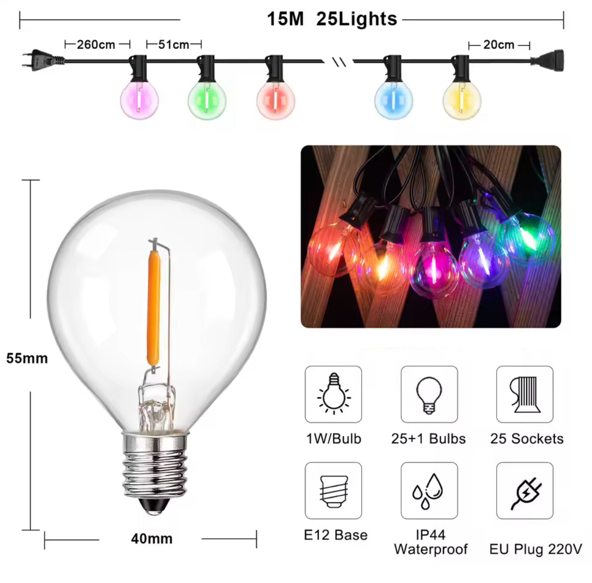Bunte LED Lichterkette mit G40-Birnen | Runde Party-Girlande 7,6–20 m für aussen, IP44, koppelbar, E12 | Biergarten-Look für Gartenfest, Hof & Balkon