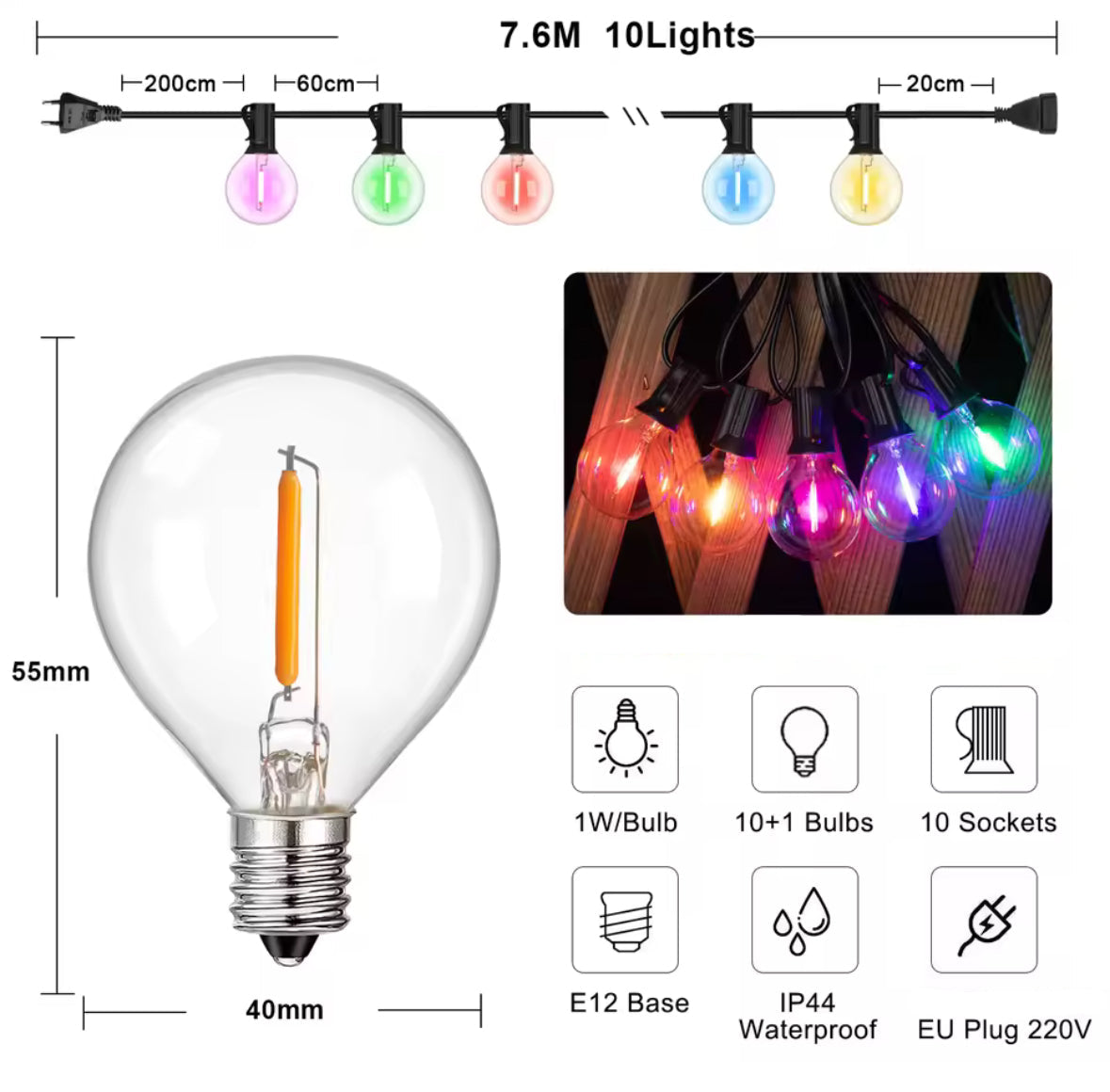 Bunte LED Lichterkette mit G40-Birnen | Runde Party-Girlande 7,6–20 m für aussen, IP44, koppelbar, E12 | Biergarten-Look für Gartenfest, Hof & Balkon