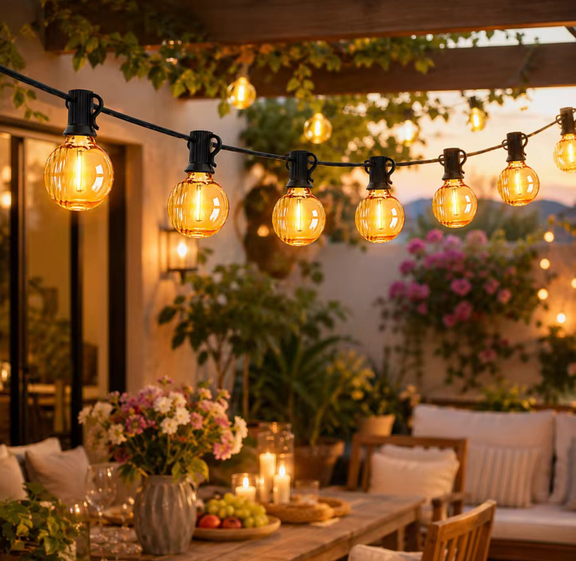 LED Lichterkette mit Dellen-Birnen | Vintage G40 Bistro-Girlande 7,6–20 m, warmweiss 2700K, IP44, koppelbar | Retro-Licht für Pergola, Garten & Terrasse