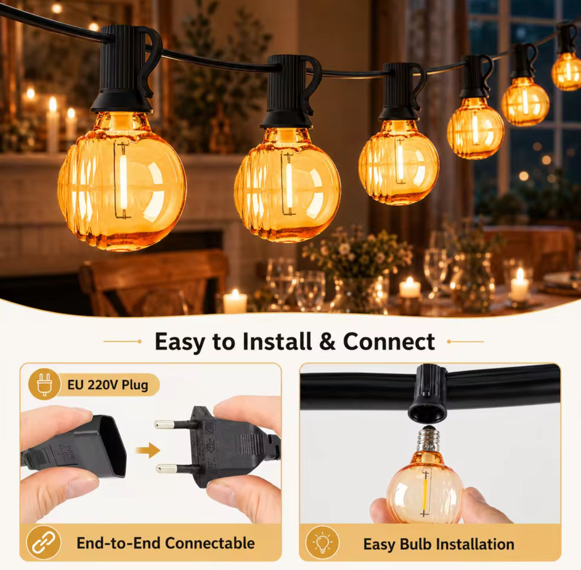 LED Lichterkette mit Dellen-Birnen | Vintage G40 Bistro-Girlande 7,6–20 m, warmweiss 2700K, IP44, koppelbar | Retro-Licht für Pergola, Garten & Terrasse