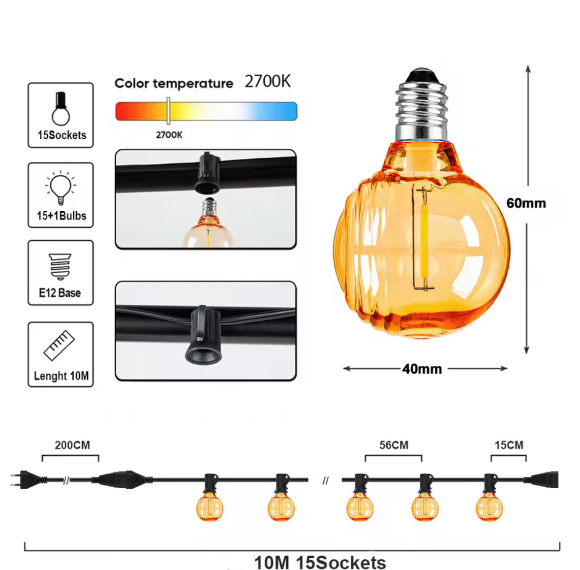 LED Lichterkette mit Dellen-Birnen | Vintage G40 Bistro-Girlande 7,6–20 m, warmweiss 2700K, IP44, koppelbar | Retro-Licht für Pergola, Garten & Terrasse