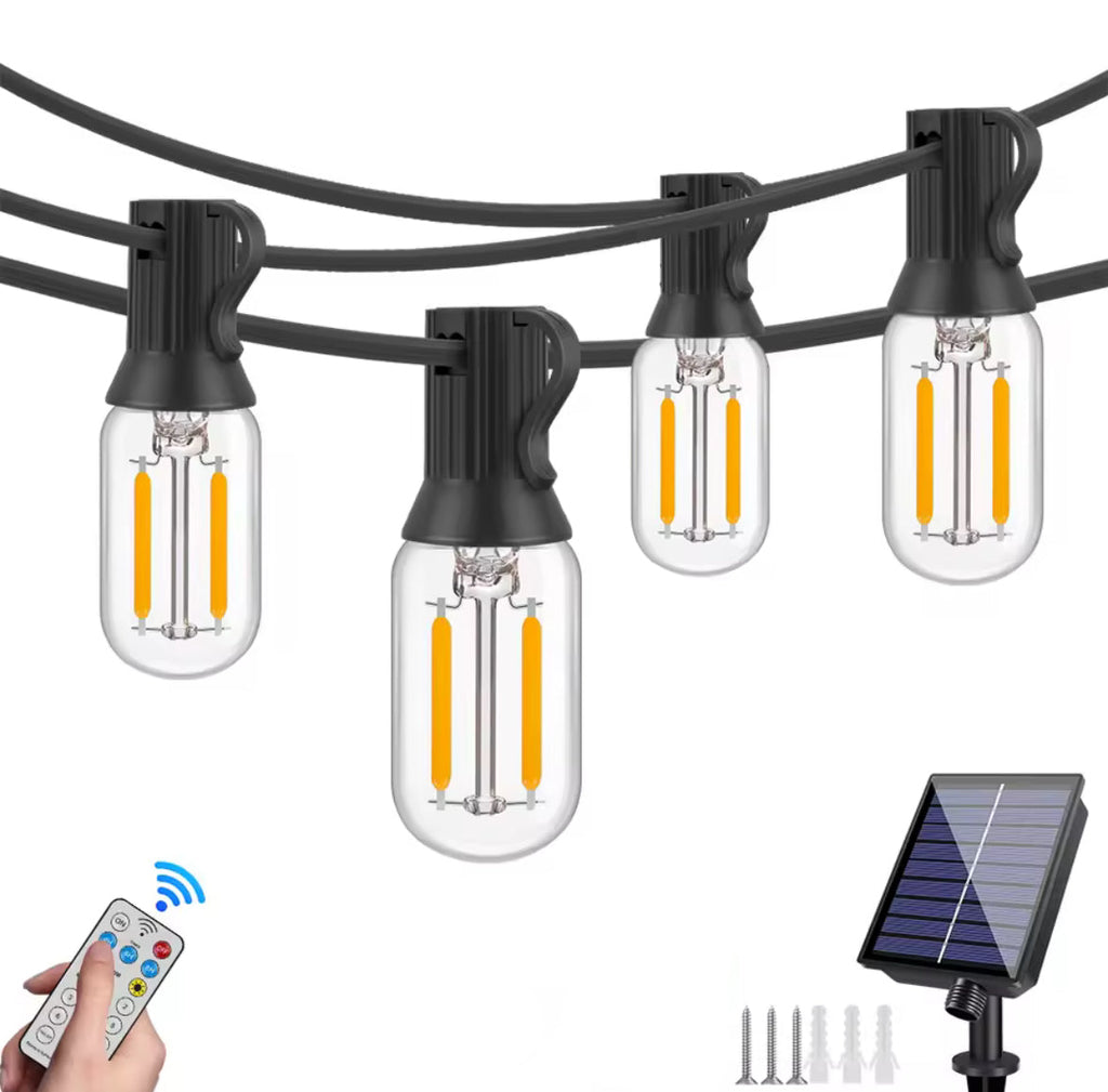 Solar Lichterkette mit länglichen LED-Birnen & USB-Notladung | 7,6–30 m, 8 Modi, IP44 | Feines Funkellicht für Pergola, Balkon & Terrasse – lädt auch ohne Sonne