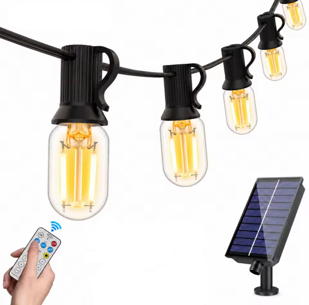 Solar Lichterkette mit länglichen LED-Birnen & USB-Notladung | 7,6–30 m, 8 Modi, IP44 | Feines Funkellicht für Pergola, Balkon & Terrasse – lädt auch ohne Sonne
