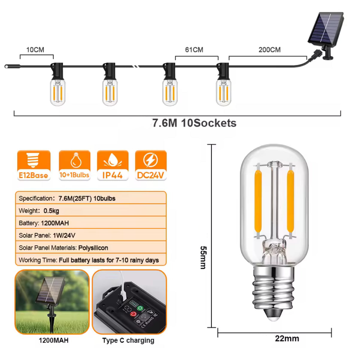 Solar Lichterkette mit länglichen LED-Birnen & USB-Notladung | 7,6–30 m, 8 Modi, IP44 | Feines Funkellicht für Pergola, Balkon & Terrasse – lädt auch ohne Sonne