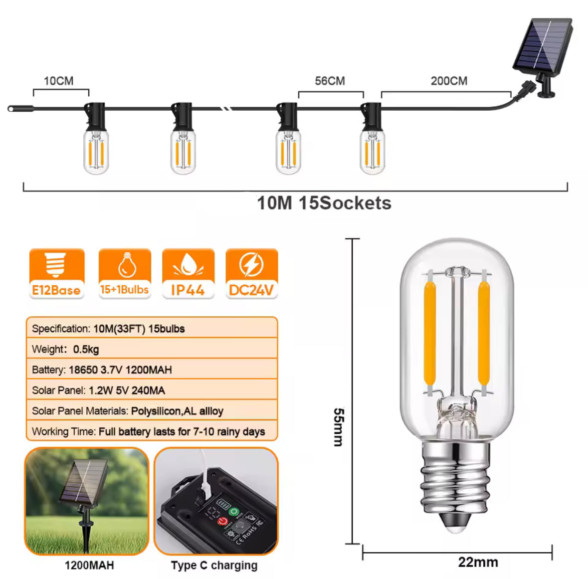 Solar Lichterkette mit länglichen LED-Birnen & USB-Notladung | 7,6–30 m, 8 Modi, IP44 | Feines Funkellicht für Pergola, Balkon & Terrasse – lädt auch ohne Sonne