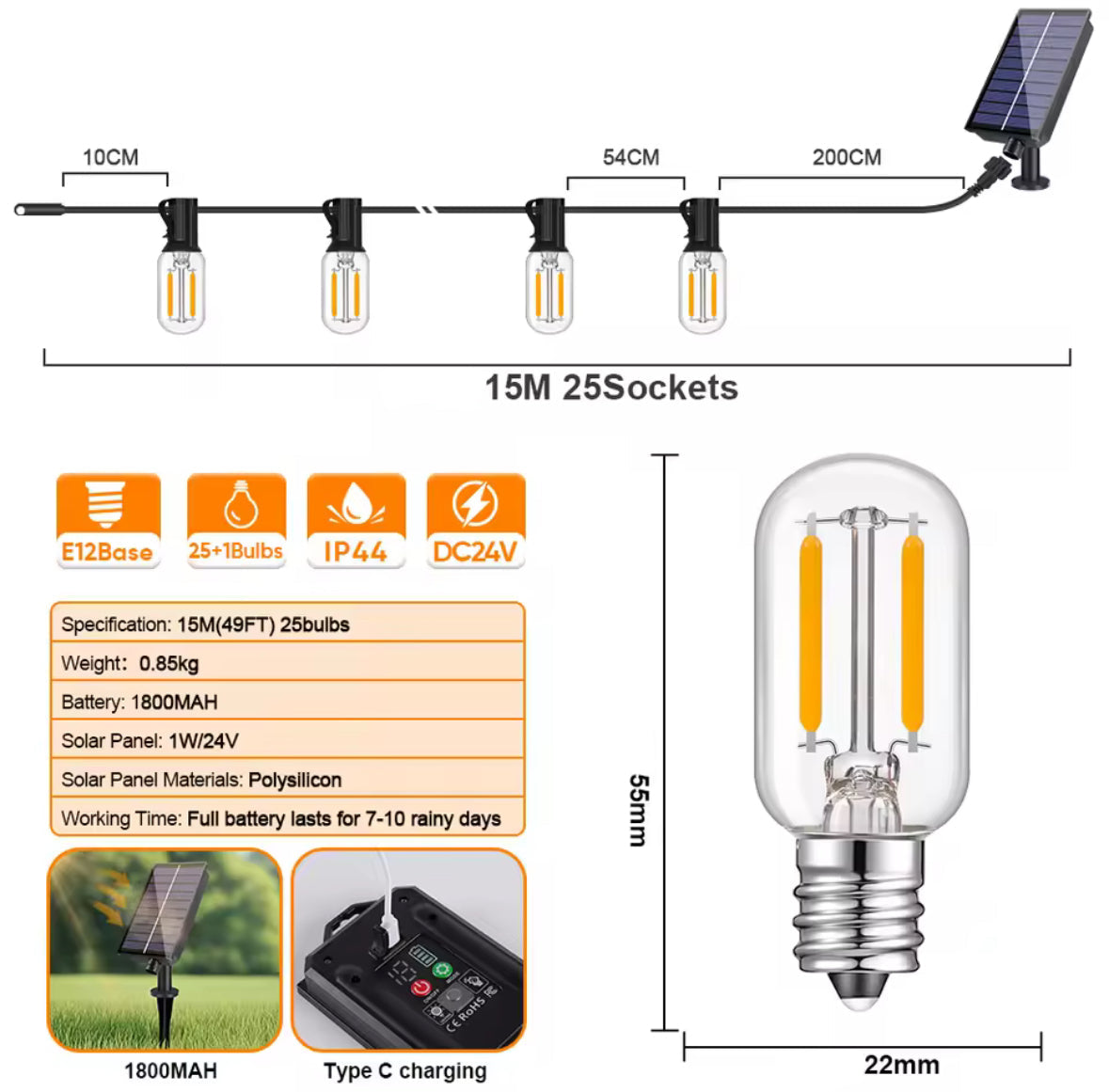 Solar Lichterkette mit länglichen LED-Birnen & USB-Notladung | 7,6–30 m, 8 Modi, IP44 | Feines Funkellicht für Pergola, Balkon & Terrasse – lädt auch ohne Sonne