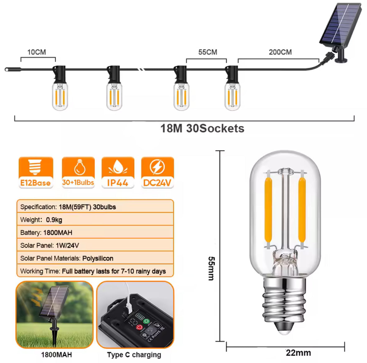 Solar Lichterkette mit länglichen LED-Birnen & USB-Notladung | 7,6–30 m, 8 Modi, IP44 | Feines Funkellicht für Pergola, Balkon & Terrasse – lädt auch ohne Sonne