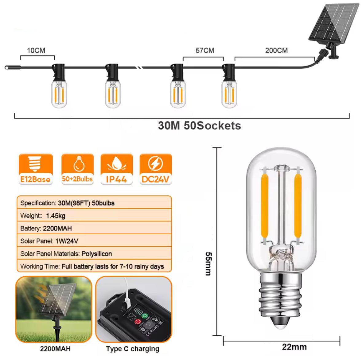 Solar Lichterkette mit länglichen LED-Birnen & USB-Notladung | 7,6–30 m, 8 Modi, IP44 | Feines Funkellicht für Pergola, Balkon & Terrasse – lädt auch ohne Sonne
